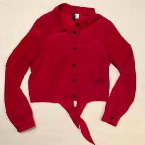 H&M pink satin button up belly tie top